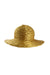 front of unlabeled gold woven hat. features braided construction, wide brim measuring ~3". 