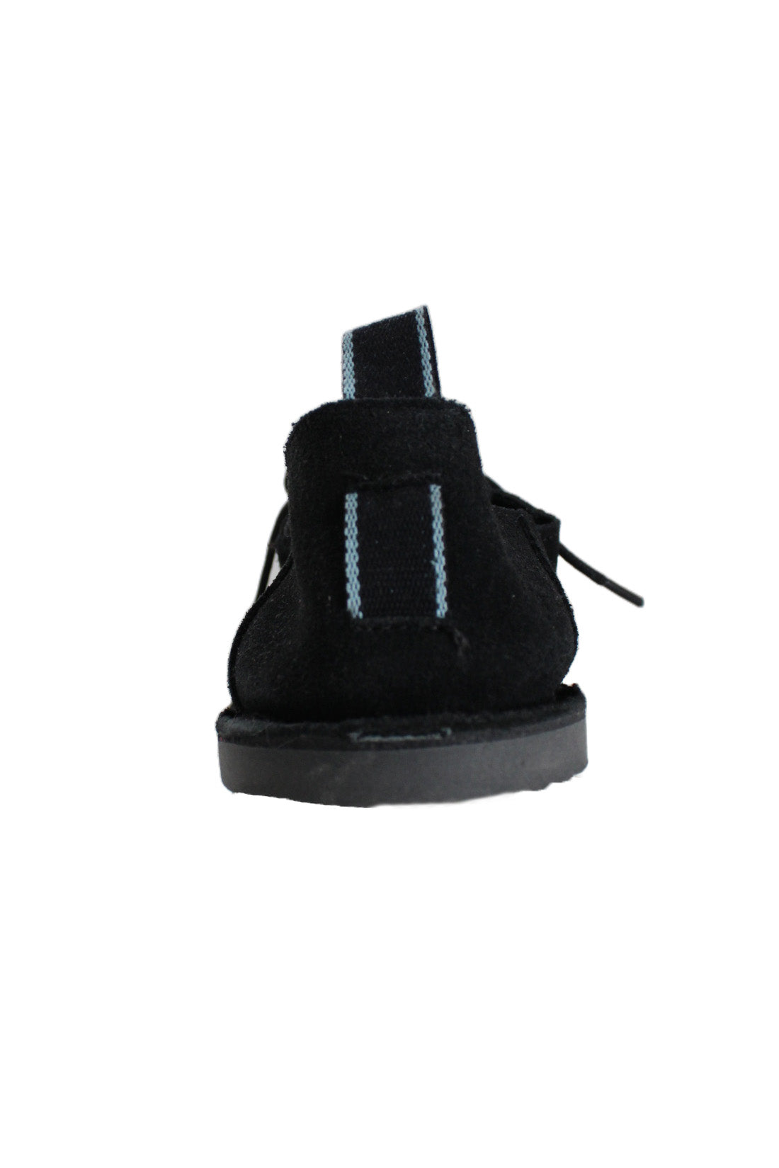 back angle of heel of shoe. light blue woven stripe pull tab. 