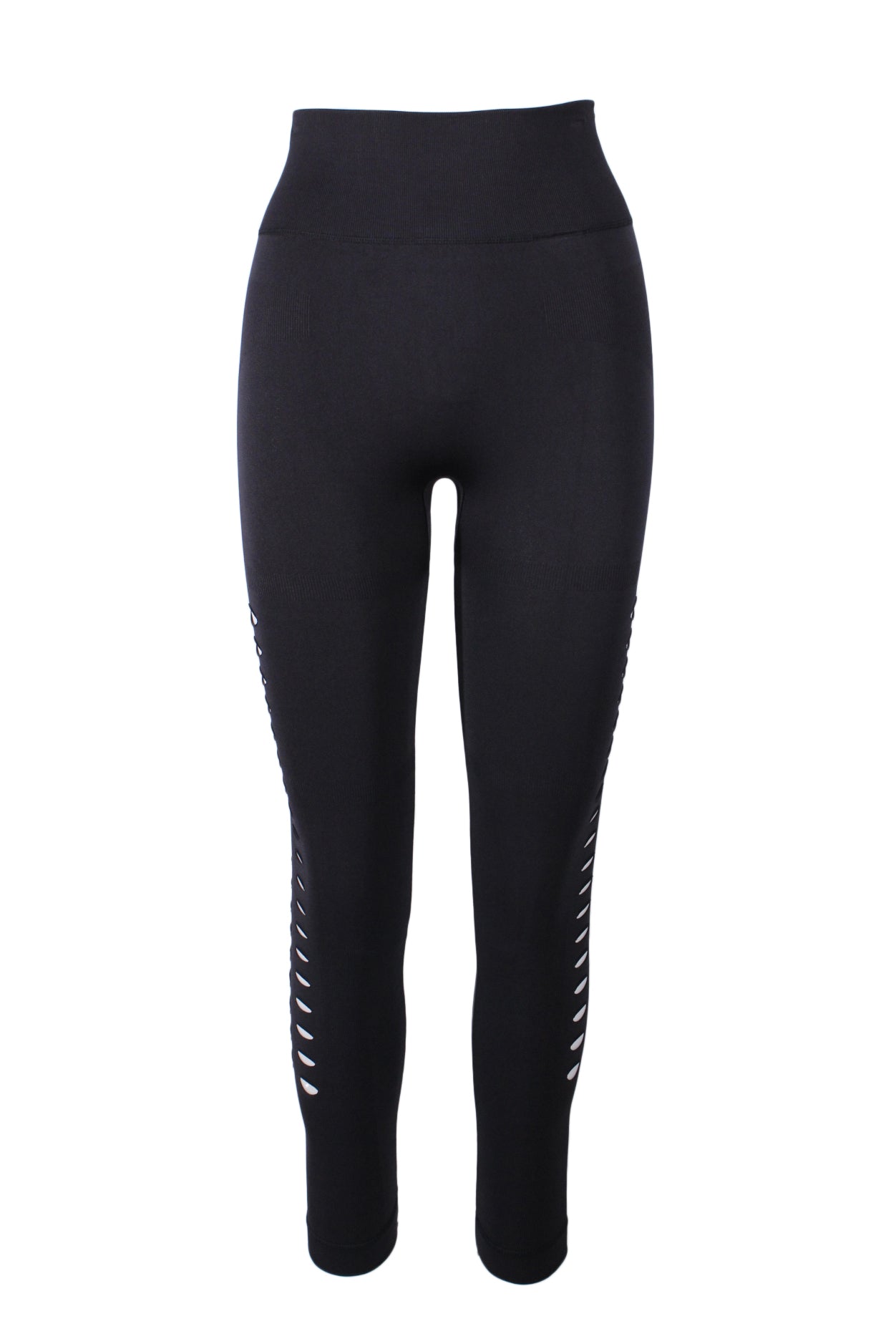 front angle adidas x stella mccartney black stylized athletic leggings with tear-shaped cutout side detail.