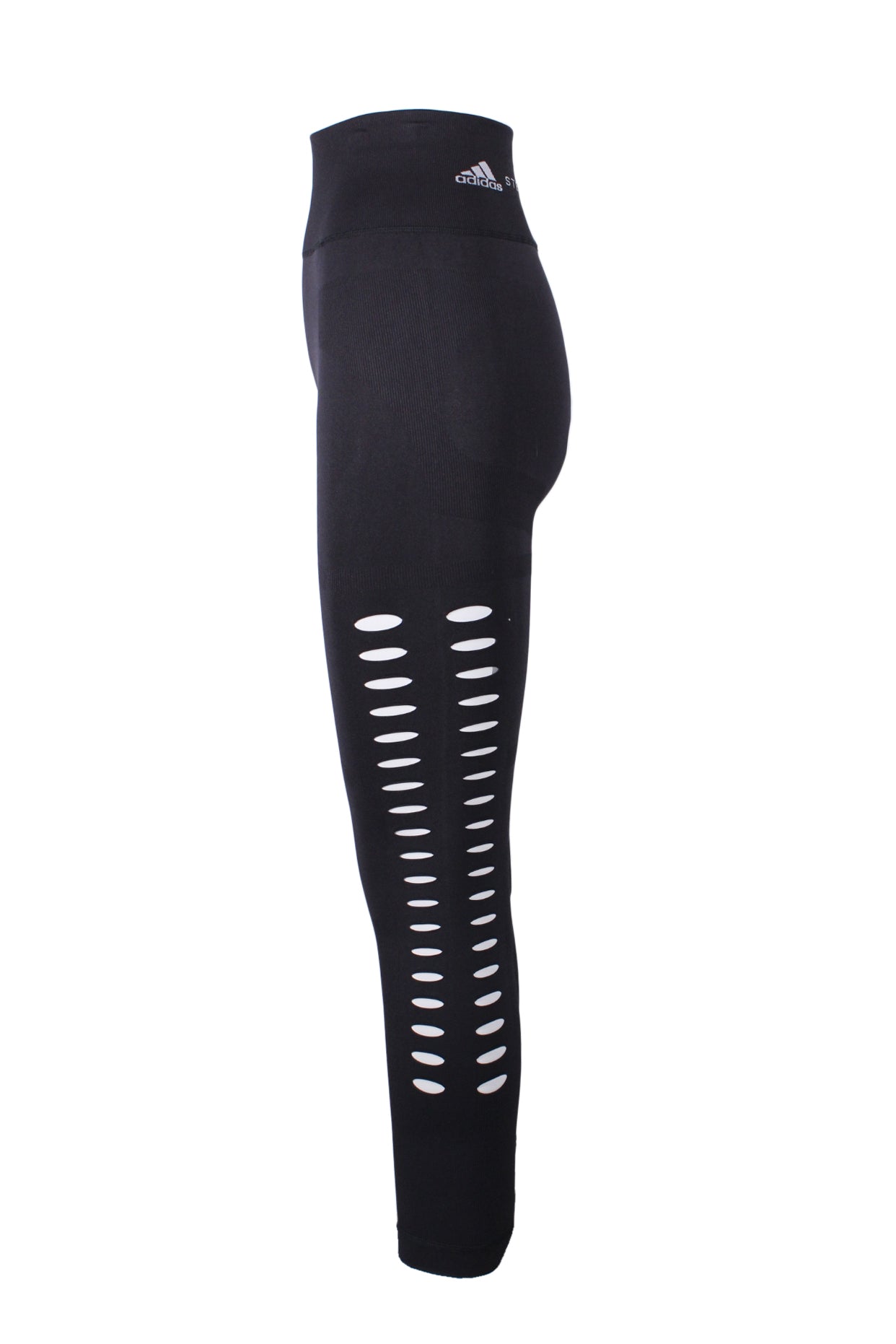 side angle of athletic leggings featuring  tear-shaped cutout side detail and contrast branding at back waistband. 