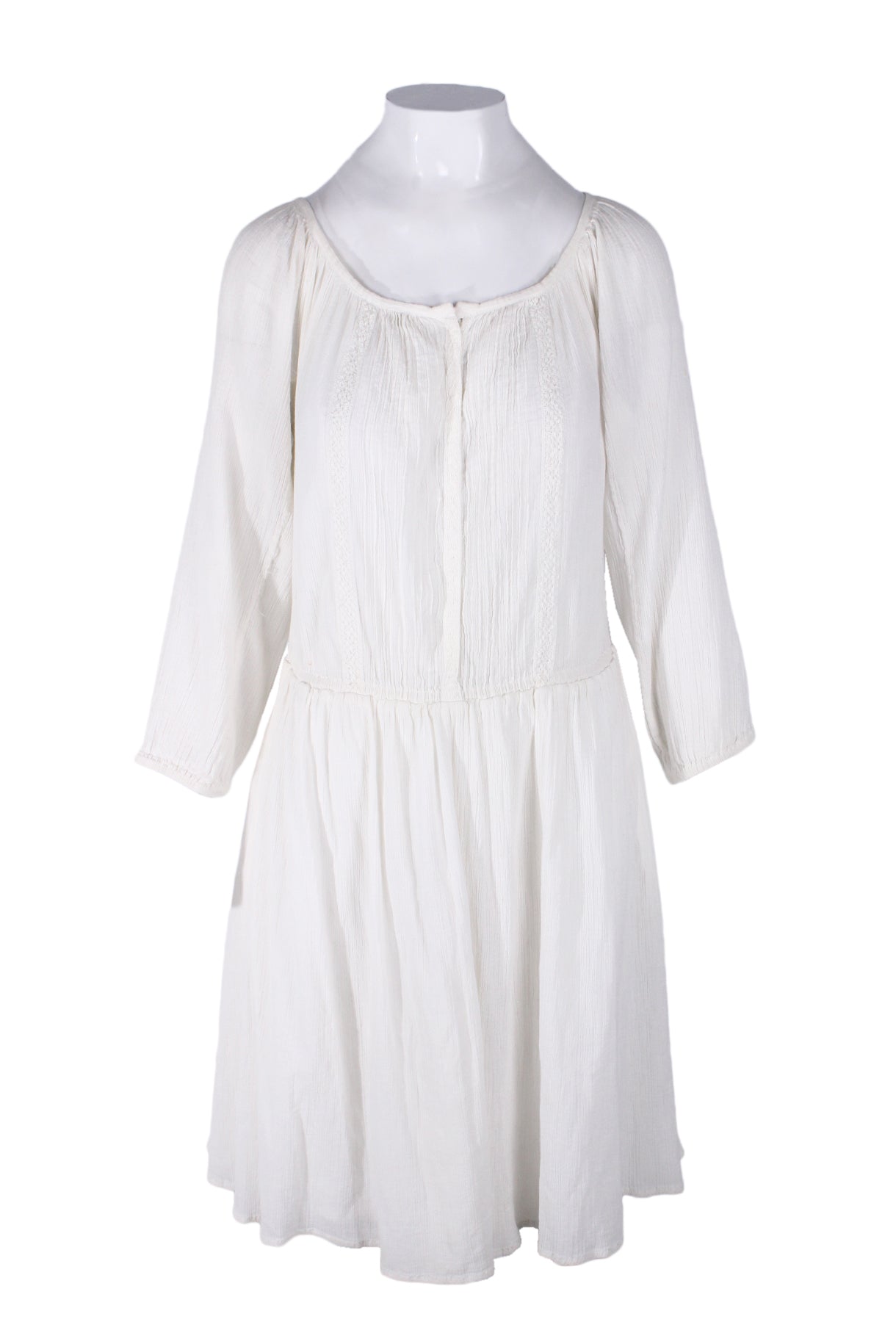 description: etoile isabel marant white long sleeve dress. features rounded neckline, eyelet fabric design elements throughout, cropped sleeves, side pockets, and cinched waist.