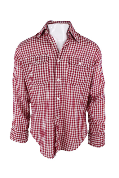 front angle vintage levi's brick red and white long sleeve gingham shirt on masculine mannequin torso with curved chest flap pockets, pointed collar, and pearlized front button closure. 