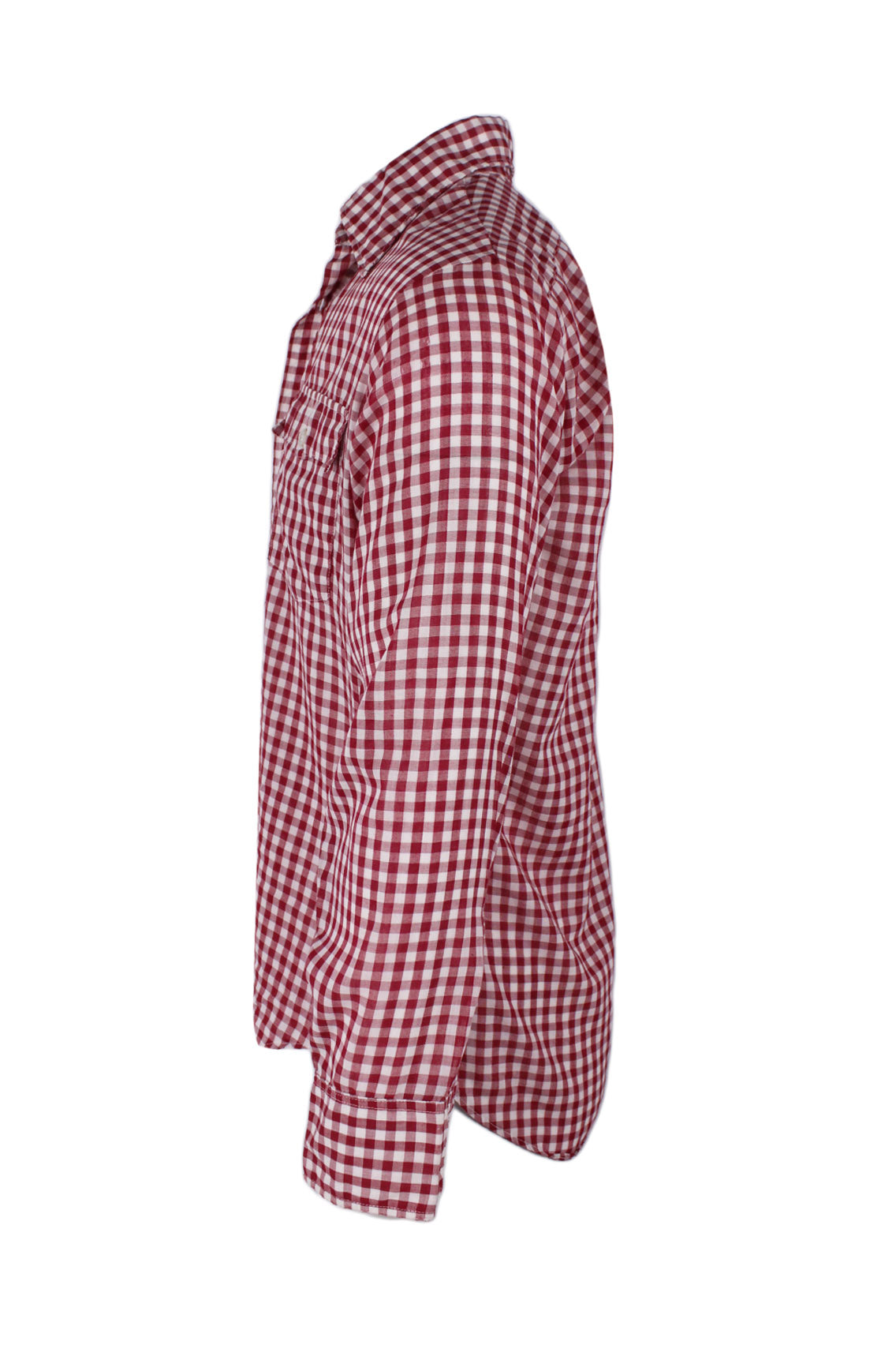 side angle vintage levi's brick red and white long sleeve gingham shirt on masculine mannequin torso.