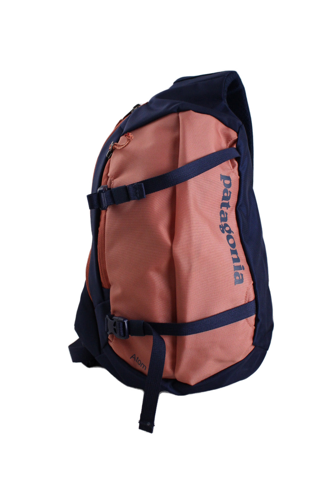 front view of patagonia navy/salmon ‘atom 8l sling’ bag. features side zip main compartment with padded slot pocket within, small side zip pocket with key ring within, double adjustable clasp straps at front, adjustable padded shoulder strap with zip pocket, and ‘patagonia’ logos printed at front, and logo tag at shoulder strap.