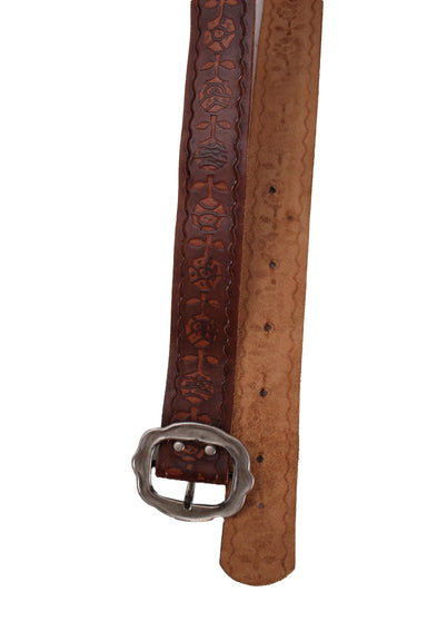 elevated angle of buckled portion & interior 6-hole portion of vintage brown toned tooled leather belt.