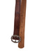 elevated angle of buckled portion & interior 6-hole portion of vintage brown toned tooled leather belt.