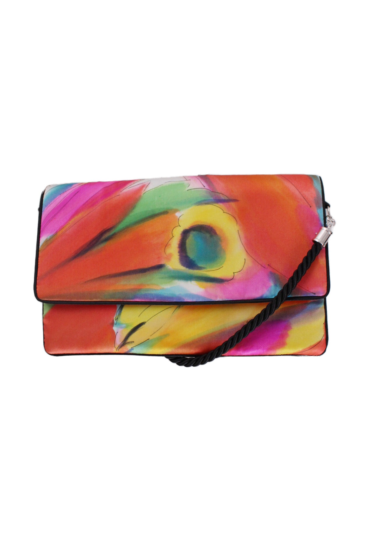 front of dimo multicolor crossbody bag. features abstract print throughout, rectangular shape, twisted strap, black contrasting edges, silver toned hardware, zip closure, and flap top with snap button closure.