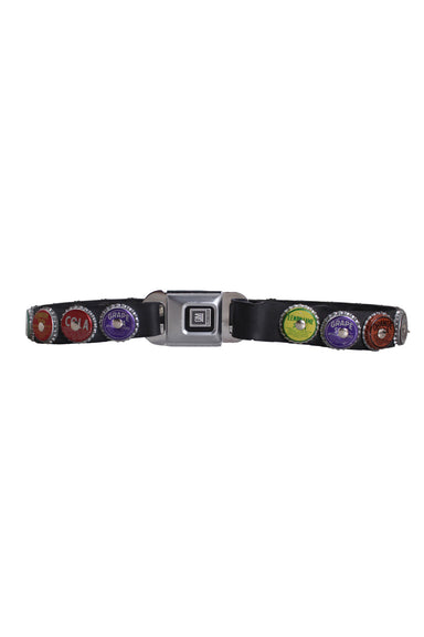 front angle of vintage black rubber and multicolored bottle cap belt. features silver 'gm' seatbelt buckle, adjustable snap length, and soda bottle cap grommets with text 'cola, grape soda, lemon lime, orange, strawberry'.. 