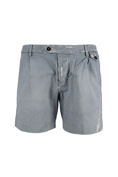 front angle michael bastian blue and white railroad stripe distressed denim shorts with pleated front, small flap pocket at left hip, and buttoned waist tab.