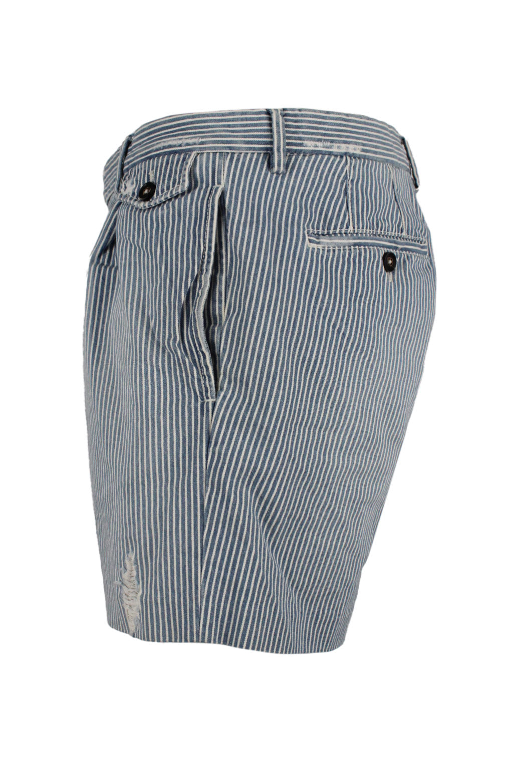 side angle striped denim shorts featuring  small flap pocket at left hip, side pockets, and rear jetted pockets.