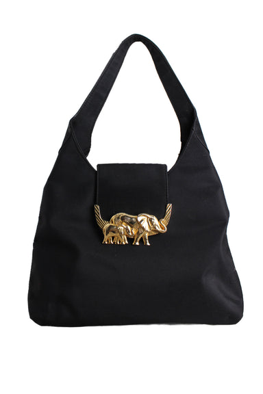 front of vintage sasha 1996 black hobo shoulder bag. features gold tone duo elephant embellishment, single strap, and flap top with snap button closure.