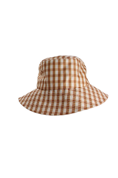 front angle of loeffler randall checker patterned bucket hat with long embroidered brim. 