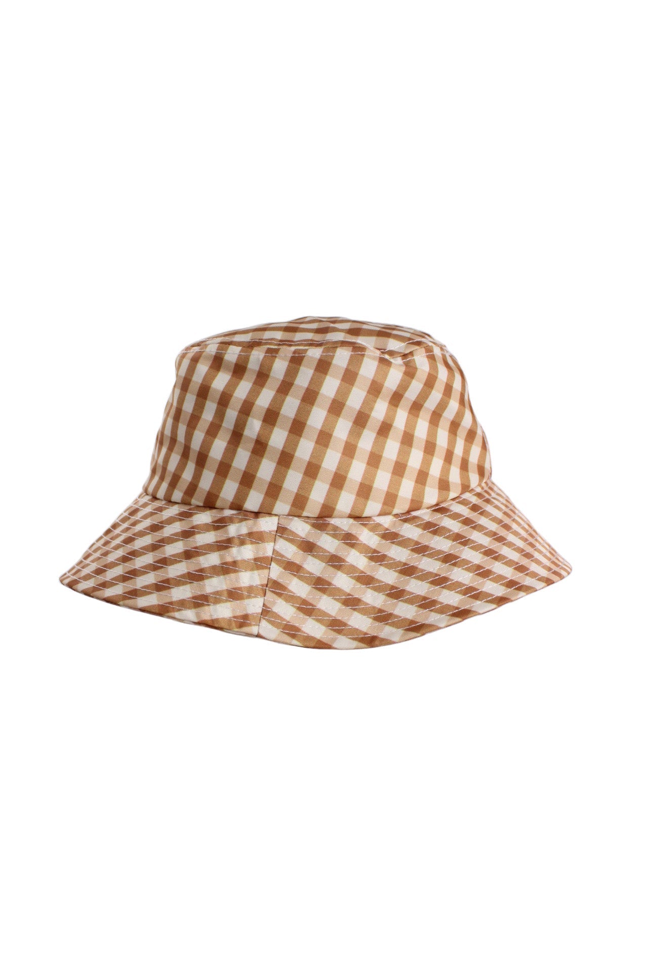 side angle of bucket hat. seam on brim where pattern does not perfectly match up. 