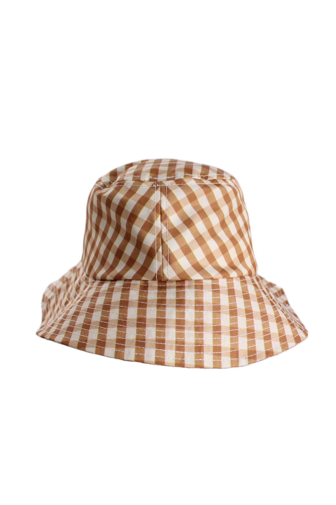 back angle of bucket hat. seam on crown where pattern does not perfect match. 