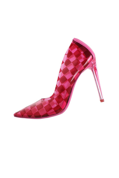 description: steve madden checkered light and dark pink pumps. features ~4" clear heel, pointed toe silhouette, and slip on style. 