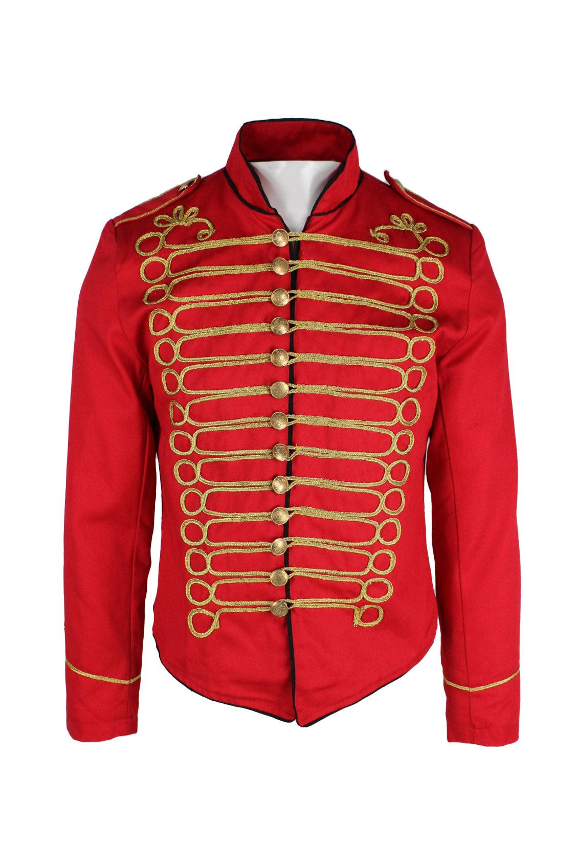 front angle ro rox red drummer parade jacket on masculine mannequin torso featuring gold toned metallic trim, stand-up collar, shoulder epaulettes, and stamped gold toned front button closure.