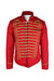 front angle ro rox red drummer parade jacket on masculine mannequin torso featuring gold toned metallic trim, stand-up collar, shoulder epaulettes, and stamped gold toned front button closure.