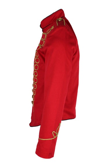 side angle ro rox red drummer parade jacket on masculine mannequin torso.