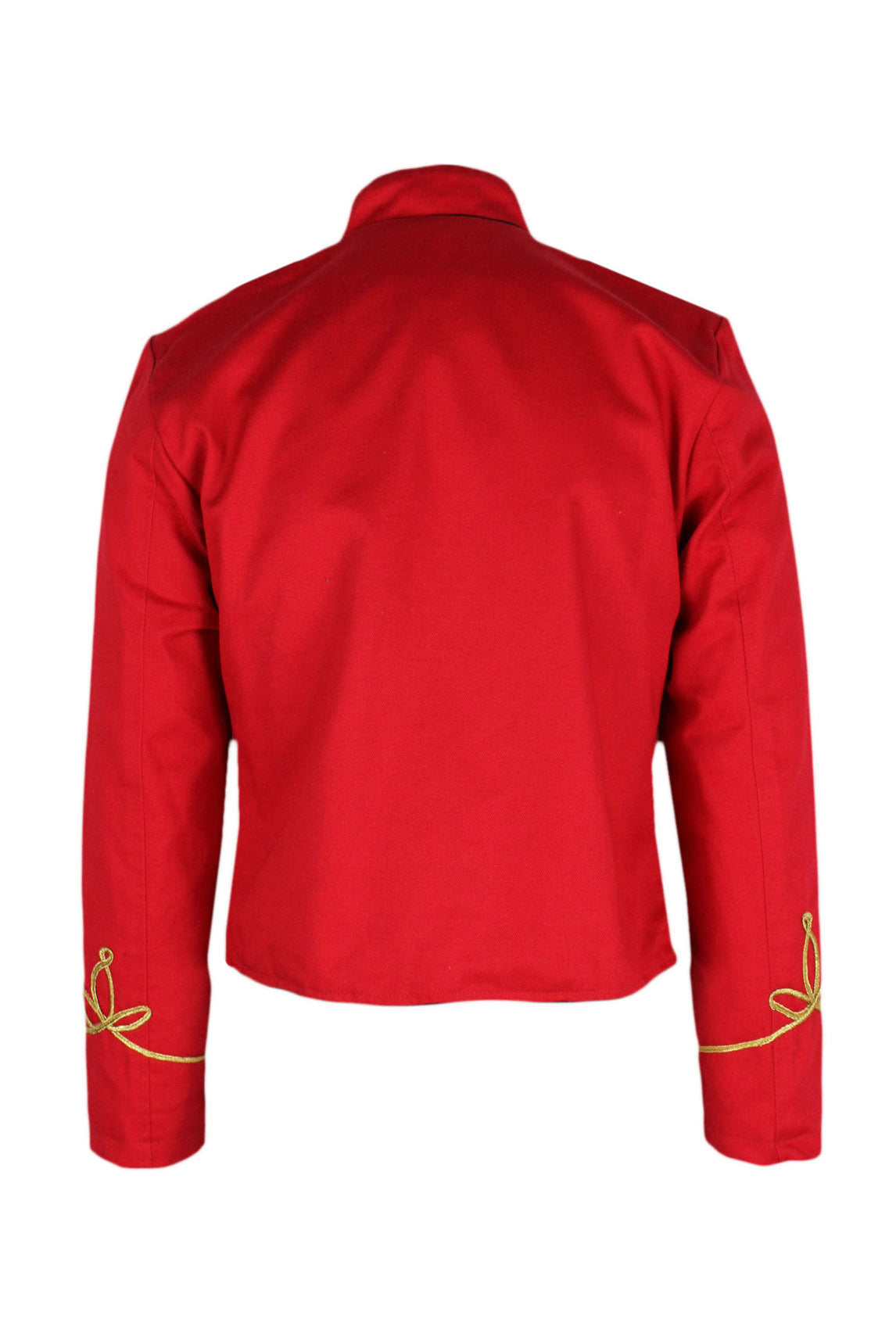 back angle ro rox red drummer parade jacket on masculine mannequin torso.