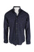 front angle seize sur vingt evergreen/purple/black/white long sleeve plaid cotton shirt on masculine mannequin torso featuring button-down collar and mother of pearl front button closure. 