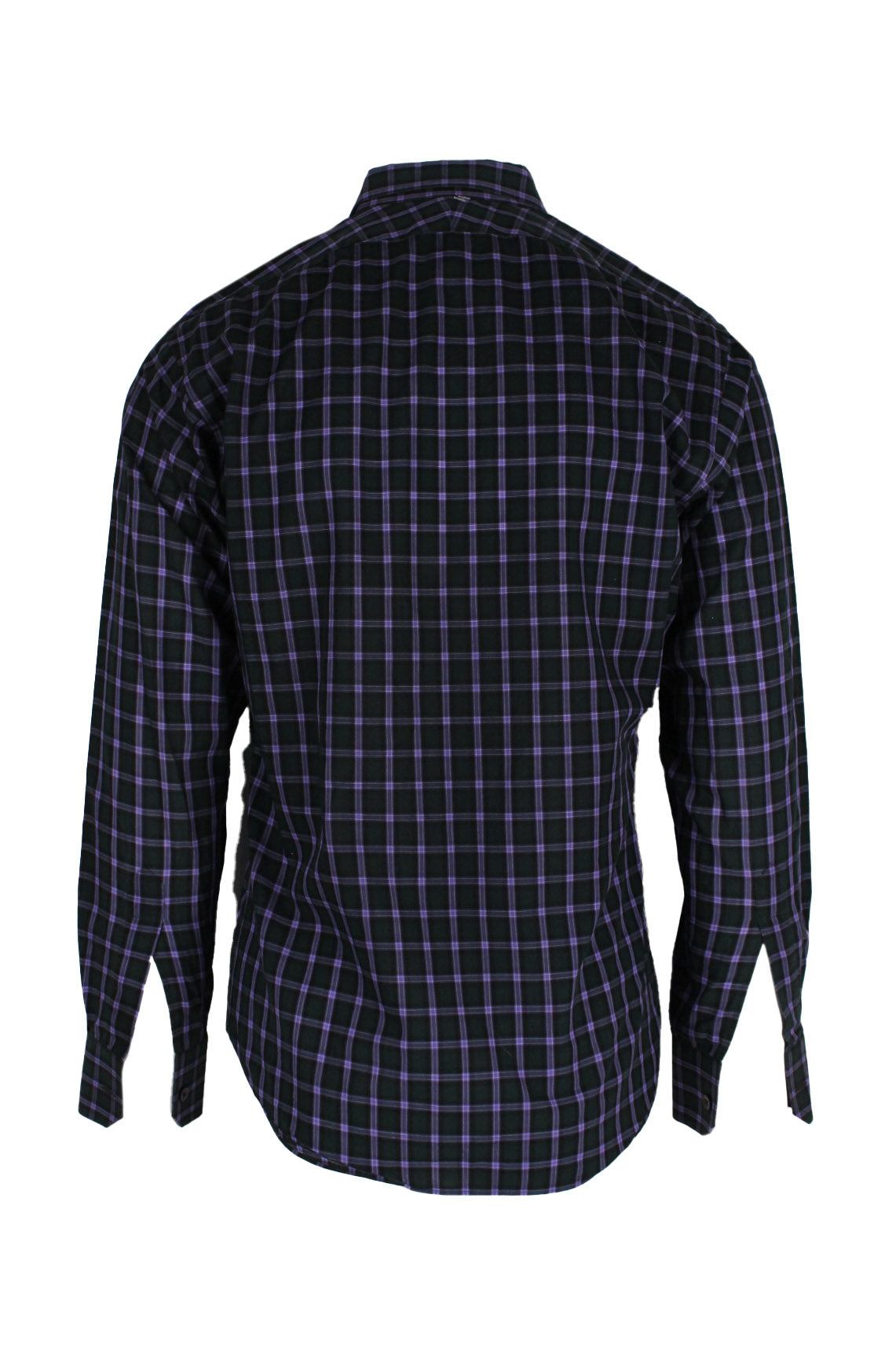 back angle seize sur vingt long sleeve plaid shirt on masculine mannequin torso with single-button cuffs.