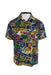 front angle vintage navy/multicolor short sleeve hawaiian shirt on masculine mannequin torso with pointed collar, chest patch pocket, and pearlized front button closure. 
