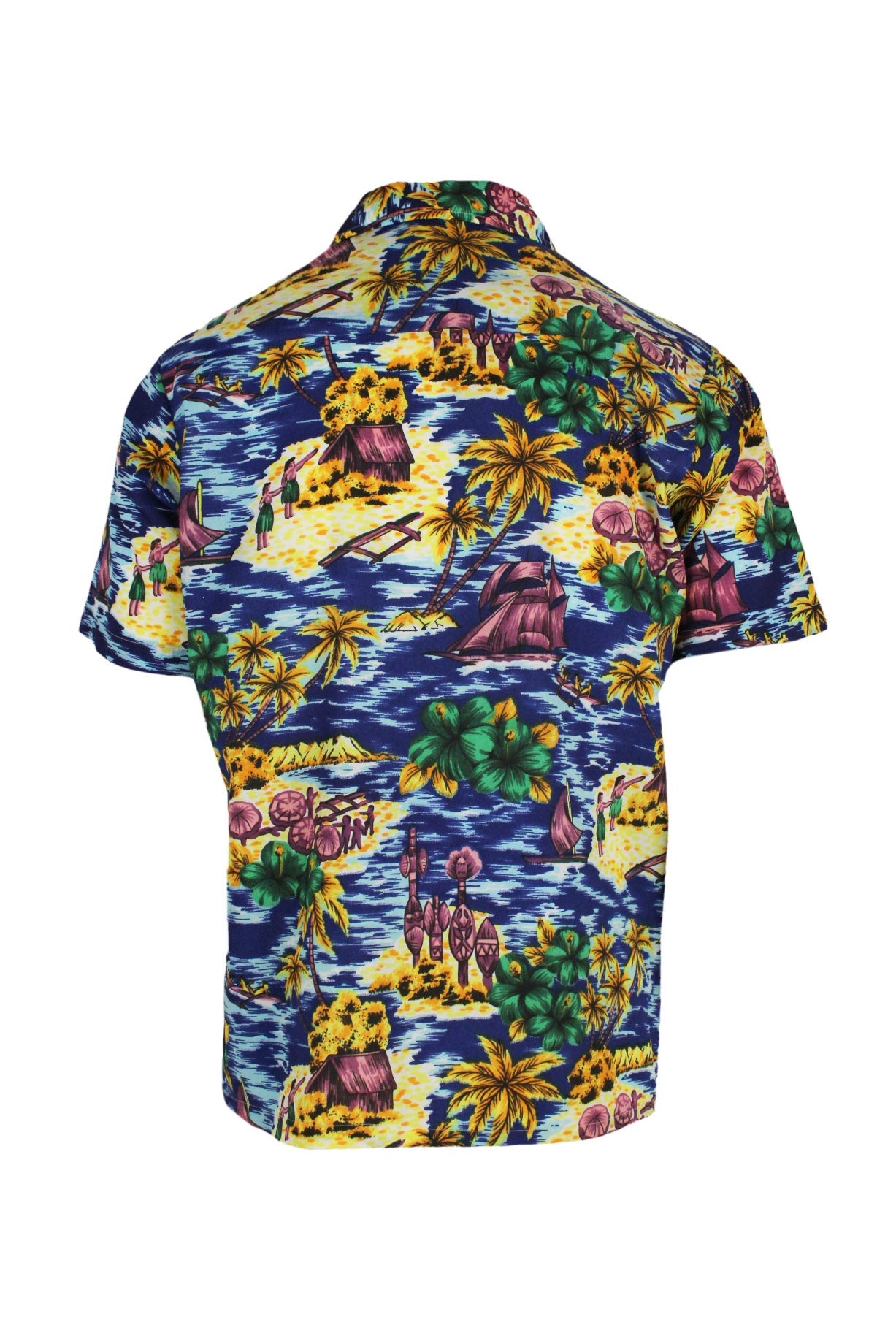 back angle vintage short sleeve hawaiian shirt on masculine mannequin torso.