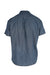 back angle madewell blue short sleeve chambray shirt on masculine mannequin torso featuring box pleat upper back.