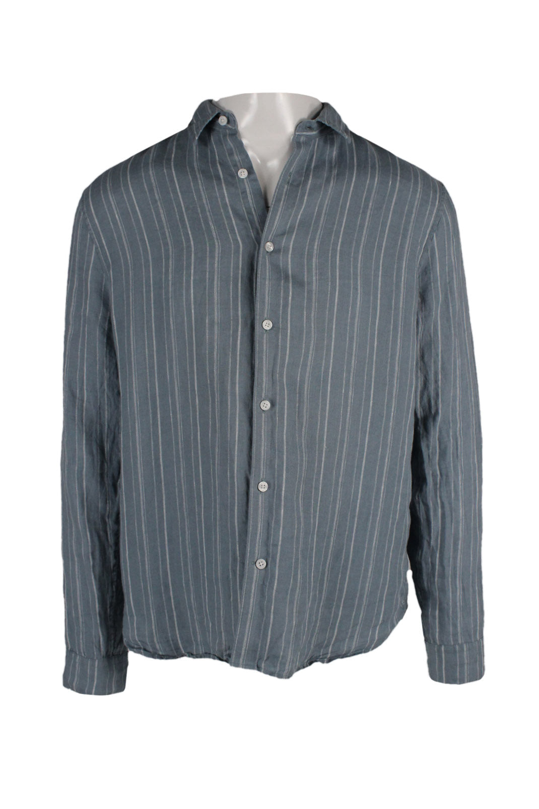 front angle vince steel blue and white long sleeve striped linen shirt featuring minimal collar and pearlized front button closure. 