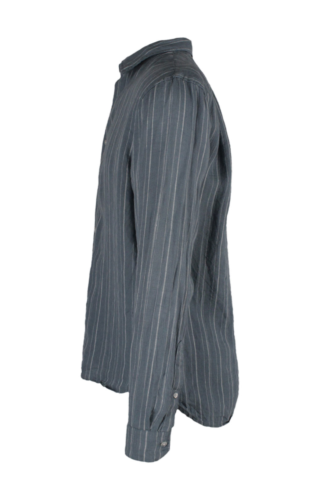 side angle vince steel blue and white long sleeve striped linen shirt.