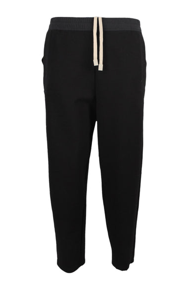 front angle croquis black heavyweight knit pants featuring tapered leg and elasticized waist with interior drawstring tie.