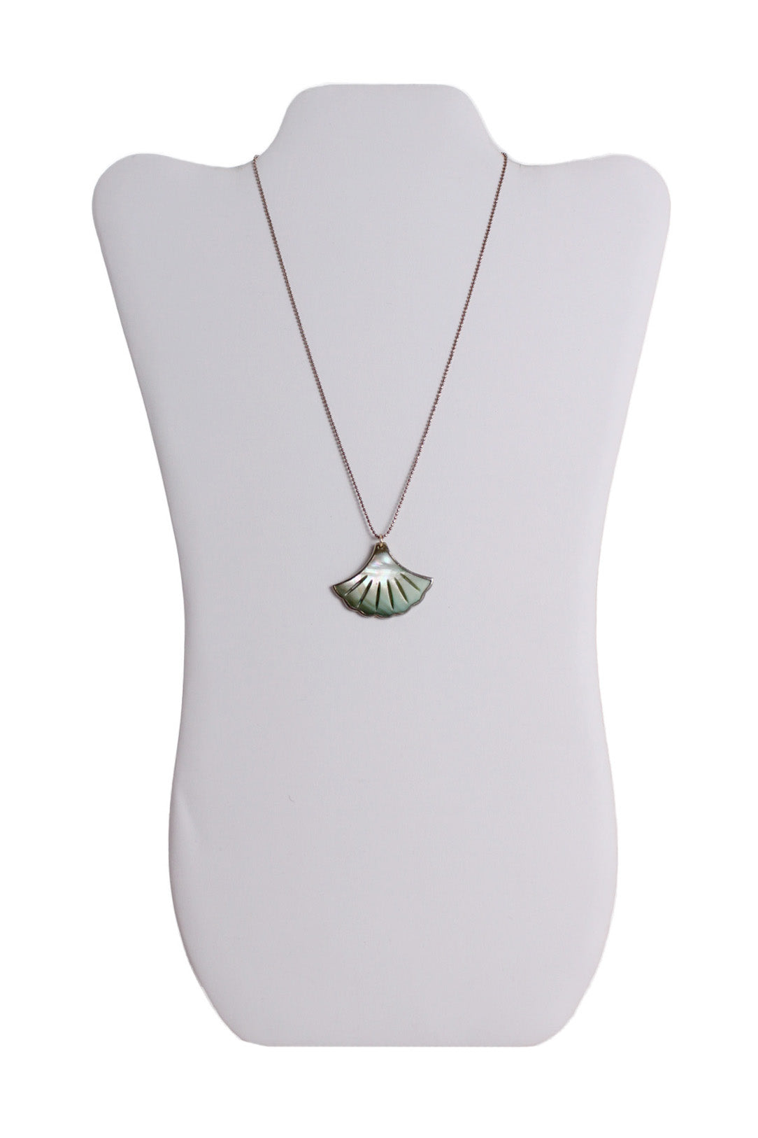 miniature ball chain necklace with aqua shell pendant against necklace stand