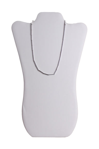 front angle j.crew silver toned metal necklace featuring delicate chainlink base with cylindrical bead overlay worn on neck display.