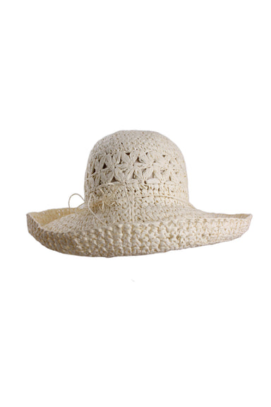 front of unlabeled off white crochet straw hat. features floral crochet strap design, drawstring with self tie detail, wide brim measuring ~4".