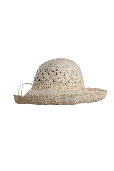 profile of hat with crochet details. 