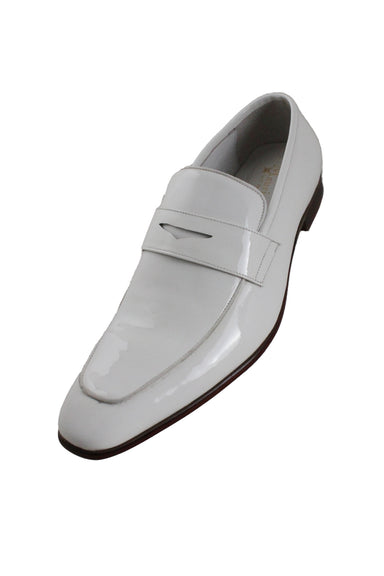 elevated three-quarter angle maurice by jc studio white penny loafers featuring tapered square toe and piping detail.