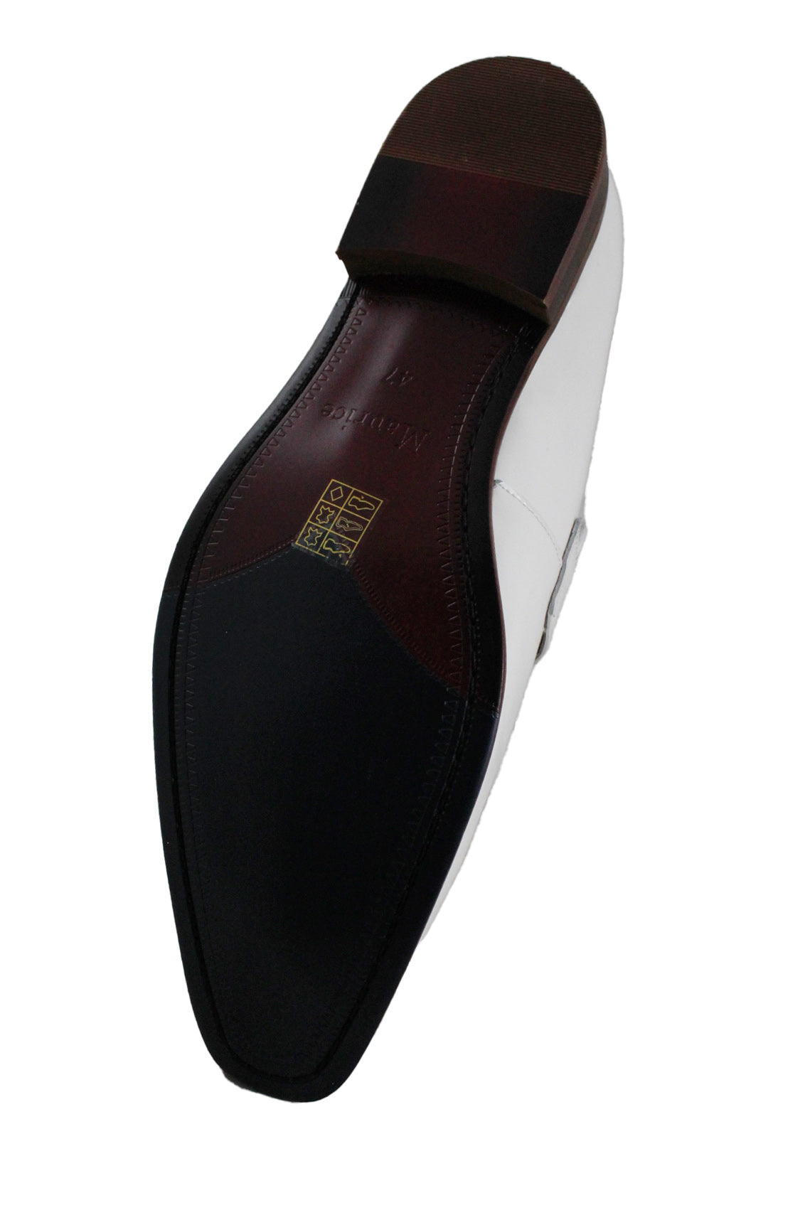 bottom angle maurice by jc studio white penny loafers featuring contrast sole, 1" stacked heel, materials sticker, and 'maurice', '47' text at sole.