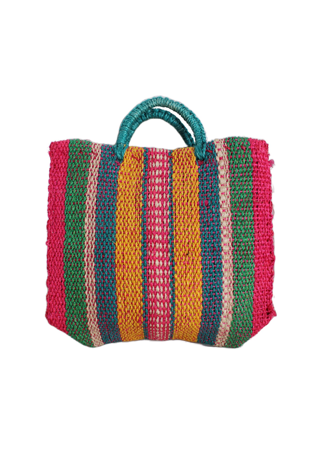 front of unlabeled multicolor woven handbag. features top handle, stripes pattern throughout, and open top. 