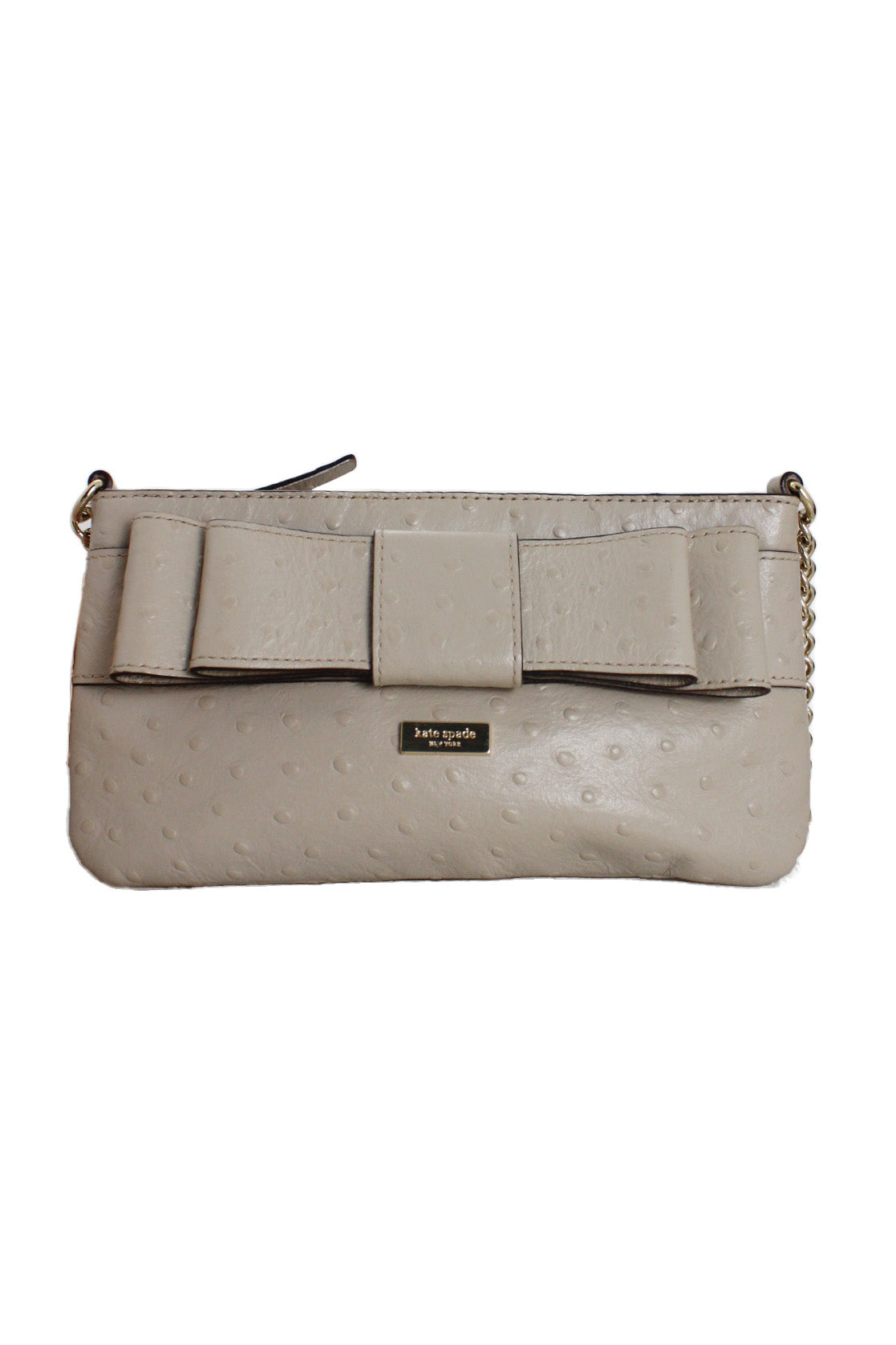kate spade ivory leather purse with oversized bow detail and ostrich embossed construction. 