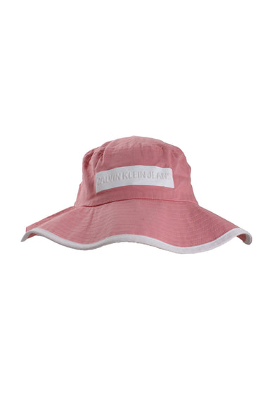 front of pink bucket hat with white raised logo reading ‘calvin klein jeans’