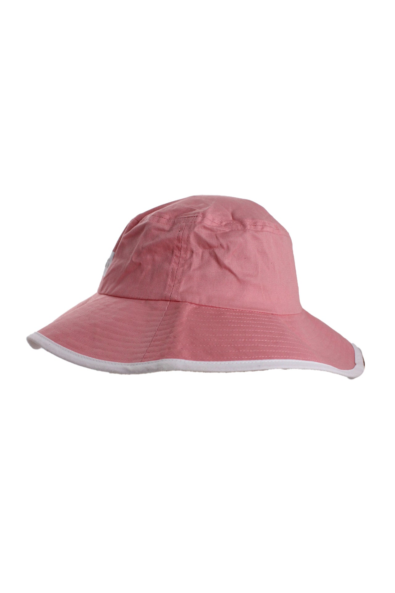 profile of pink bucket hat with white trimmed brim