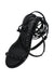 elevated three-quarter angle rebecca minkoff black strappy leather sandals featuring graphite toned stud embellishment and lace-up straps.