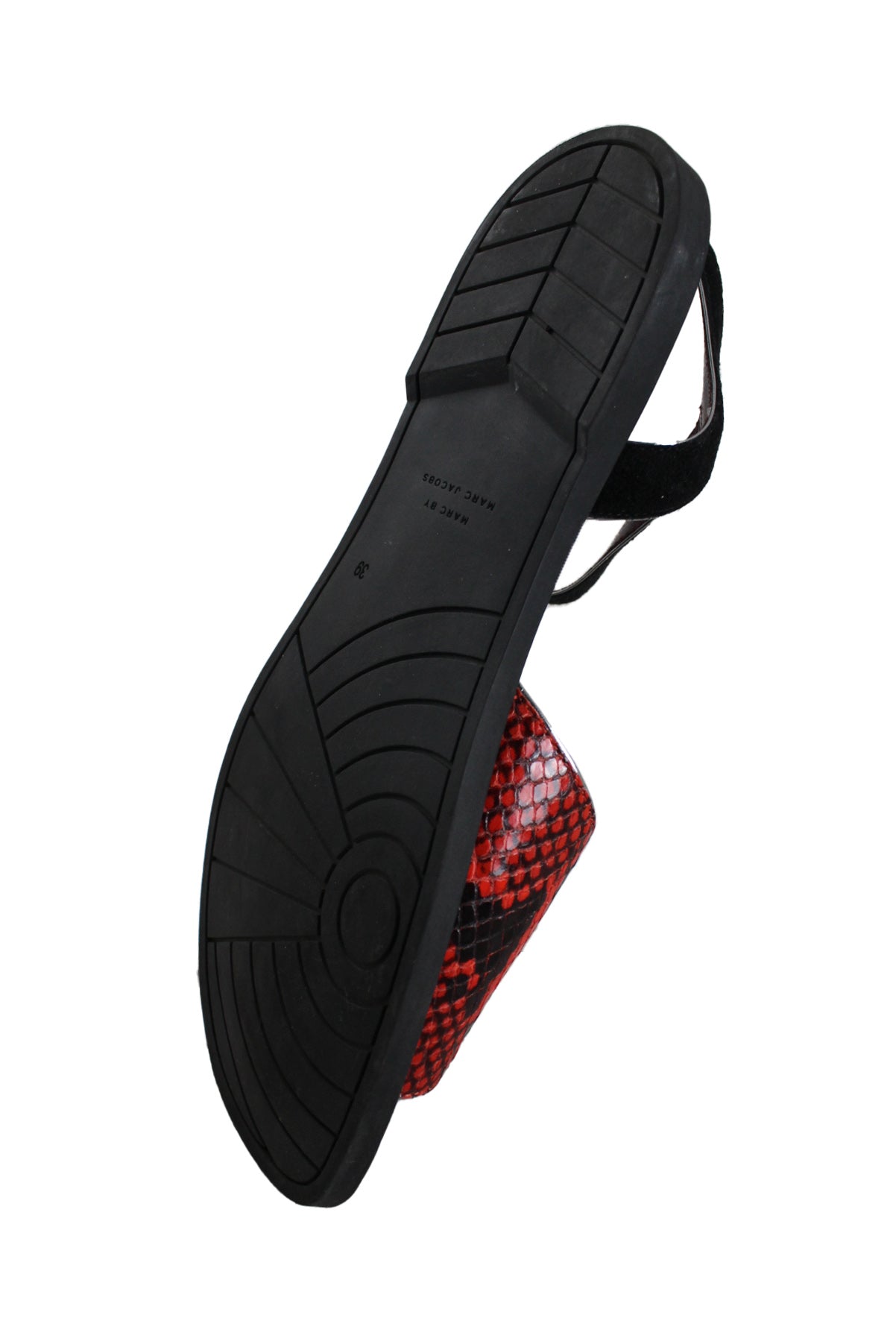 bottom angle of rubber sole on leather sandal. flat sole with text 'marc by marc jacobs' and the number '39'. 