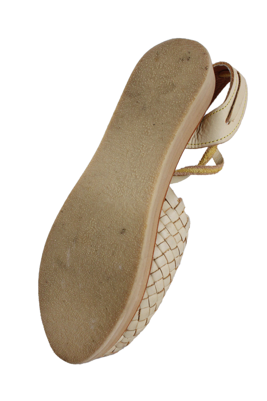 bottom angle back angle las tres marias beige woven leather sandals.