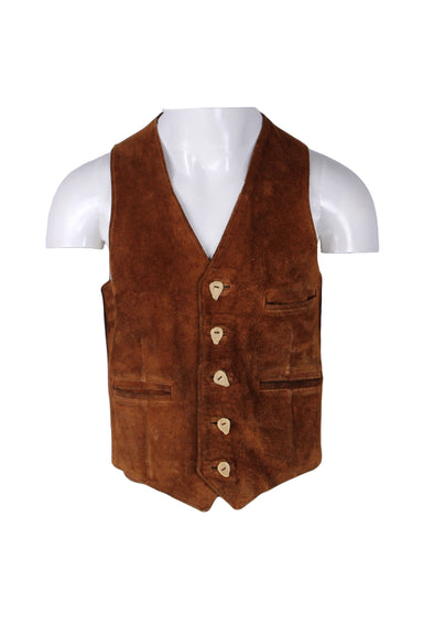 front angle of unlabeled vintage brown suede vest on masc mannequin torso. features three front pockets, v-neckline, six horn button closure down center, and angled front hem. 