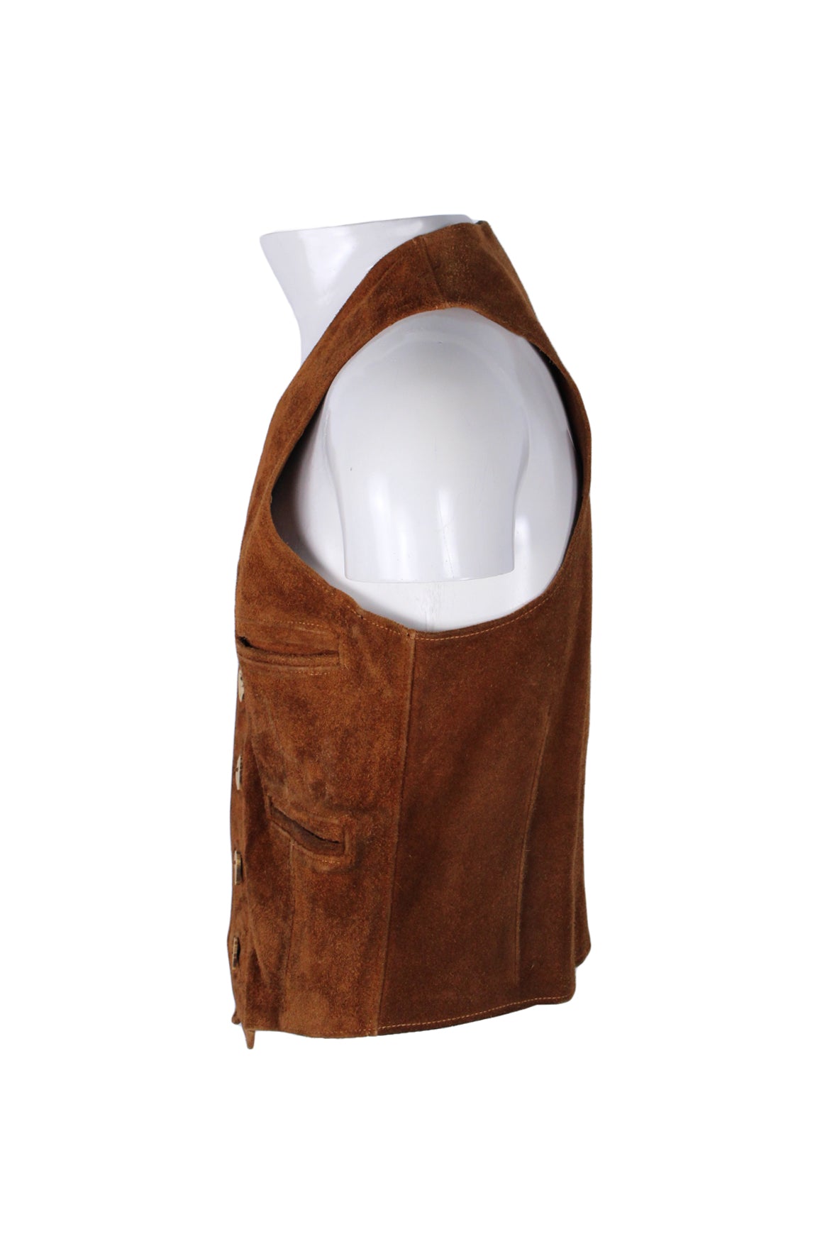 side angle of unlabeled vintage brown suede vest on masc mannequin torso. 