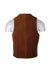 back angle of unlabeled vintage brown suede vest on masc mannequin torso. single seam down center. 