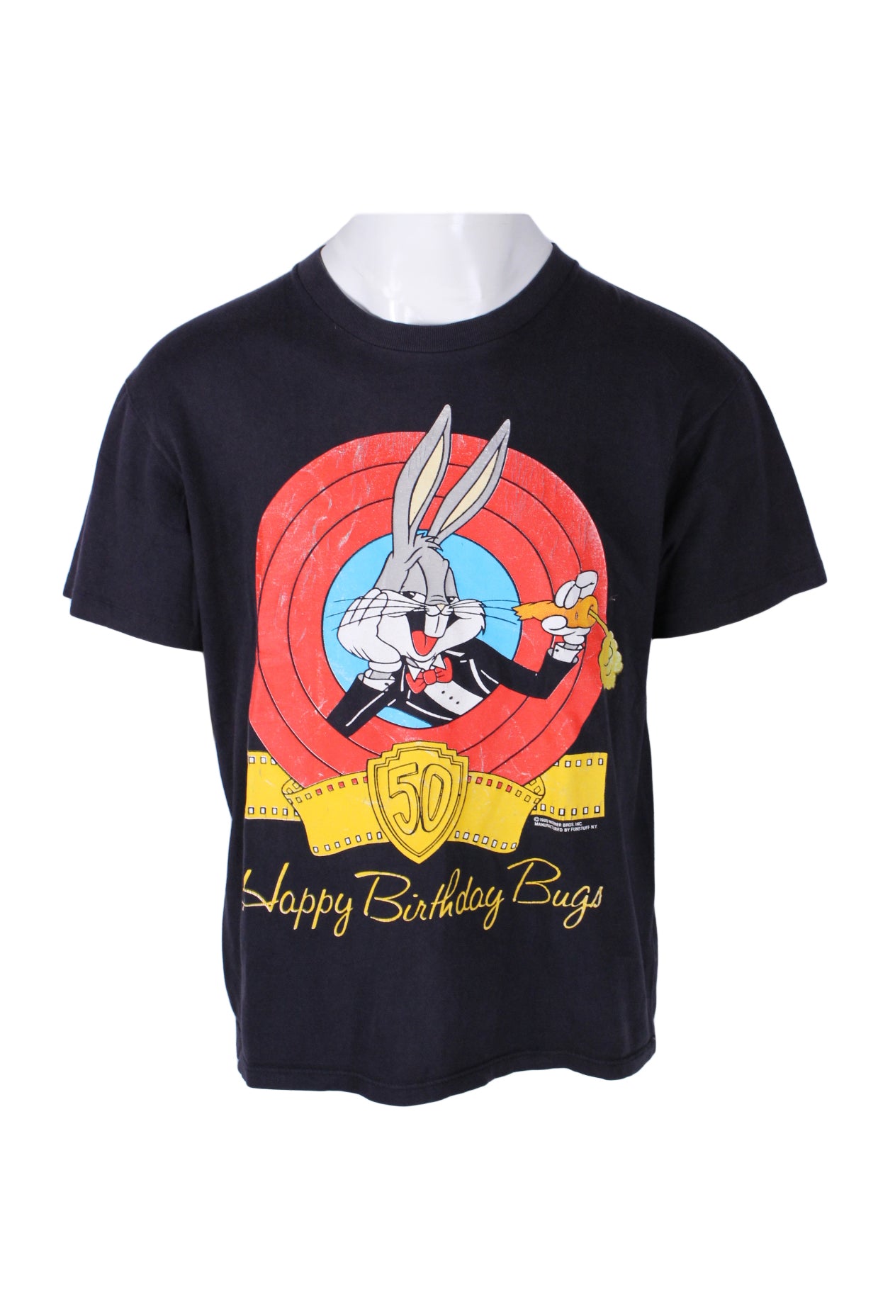 short sleeve black t-shirt with an oversized graphic of the bugs bunny character across the chest with ‘happy birthday bugs’ written across the bottom