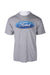front angle of vintage aaa grey ford t-shirt on masc mannequin torso. features blue text 'ford' logo print across chest, short sleeve t-shirt, and rounded ribbed collar.