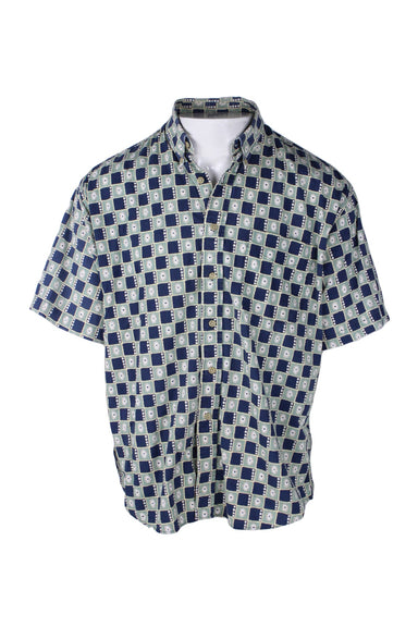 front angle vintage 90s sage/midnight/multicolor short sleeve button-up shirt on masculine mannequin torso featuring checkered/graphic print throughout, chest patch pocket, and button-down collar.